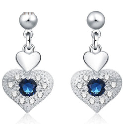 Boucle d'oreille fantaisie argent pendante cœur diamants et saphir