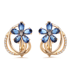 Boucle d'oreille fantaisie or diamant et fleur de saphir