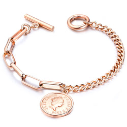 Bracelet fantaisie or rose double chaine breloque portrait piece monnaie