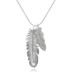 Collier fantaisie long argent diamant plume