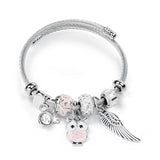 Bracelet fantaisie breloque jonc acier noir et blanc hibou